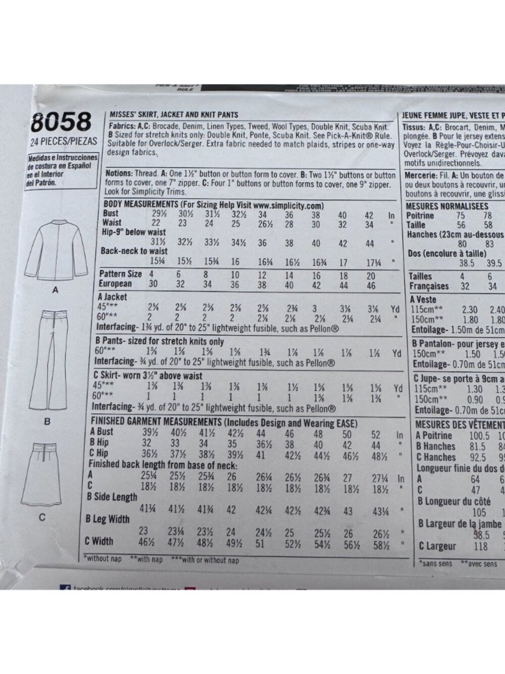 Simplicity Sewing Pattern 8058 Work Suit  Jacket Pants Skirt Modern 12-20 Uncut - Picture 10 of 13